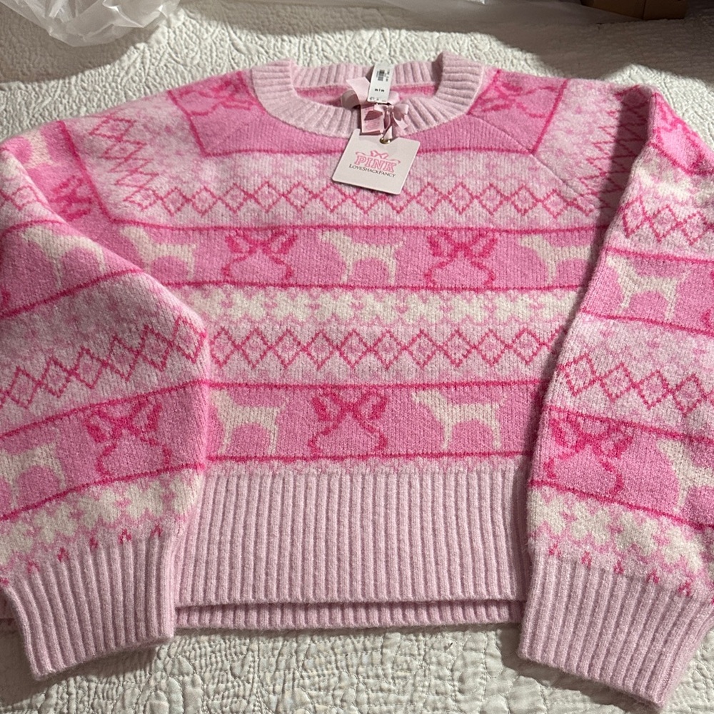 LoveShackFancy Pink Patterned Crew Neck Sweater NWT
